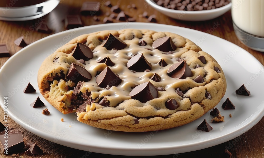 a close-up shot capturing the delectable details of a single chocolate chip cookie on a plate
