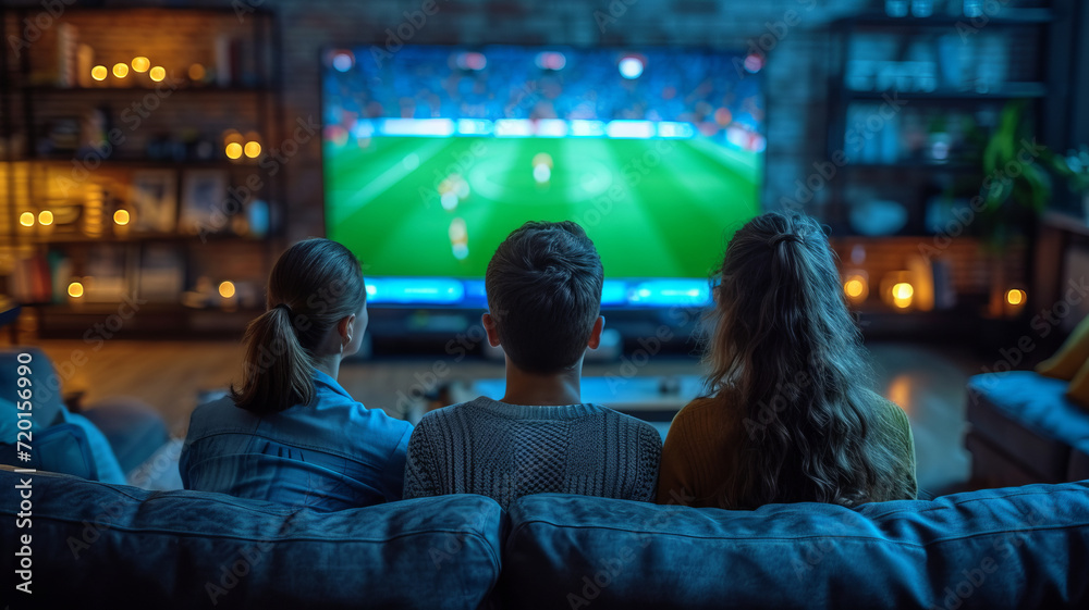 Caucasian family watching tv with football match on screen. Global sport concept, digital composite image, generative ai