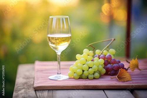 glass of white wine with grapes on vineyard table