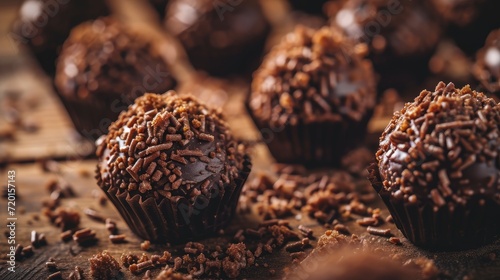 Close-up of decadent chocolate brigadeiros covered with sprinkles on a rustic wooden background.