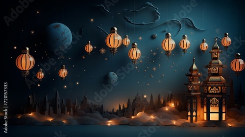 Enchanting night scene with lanterns and a palace amidst clouds.