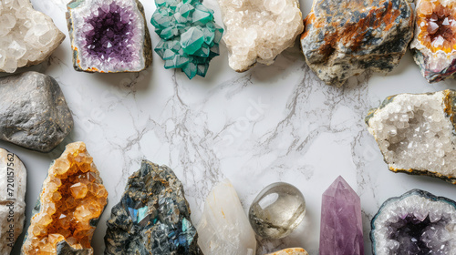 Assorted crystals and gemstones arranged in a frame on a marble background with space for text. Showcases amethyst, quartz, and citrine, concept of jewelry and healing.