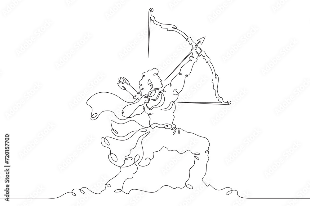 Lord Rama with arrow and bow. Celebrations of Sri Rama Navami. Mystic Archer.India.One continuous line drawing. Linear. Hand drawn, white background. One line