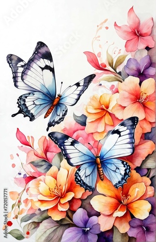 A illustration watercolor painting two brilliant butterflies with vibrant color wings is flying around the colorful flowers on the very large space white background © Pham Ty