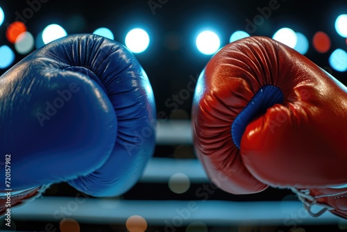 Two male hands in red and blue boxing gloves. © LivroomStudio