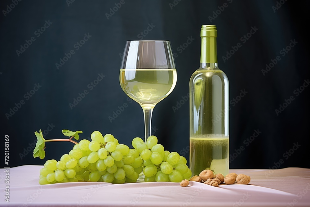riesling wine glass with clear bottle and green grapes