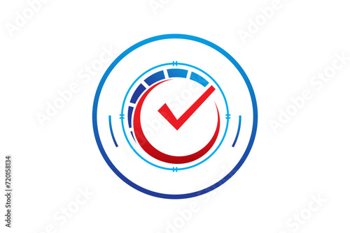 Label logo with check mark, rounded shape speedo meter icon symbol.