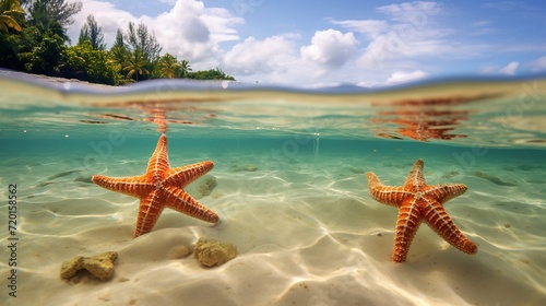 Starfish duo on the sandy beach with turquoise waters at sunrise.
