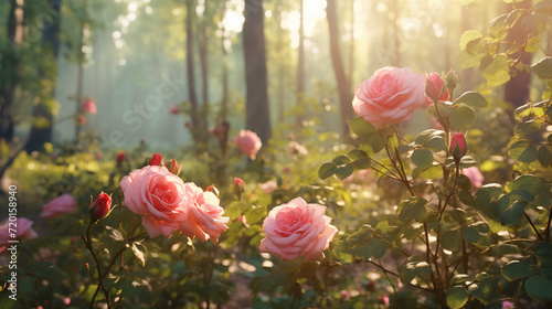beautiful rose flowers in the forest with the sun shining  © Karina