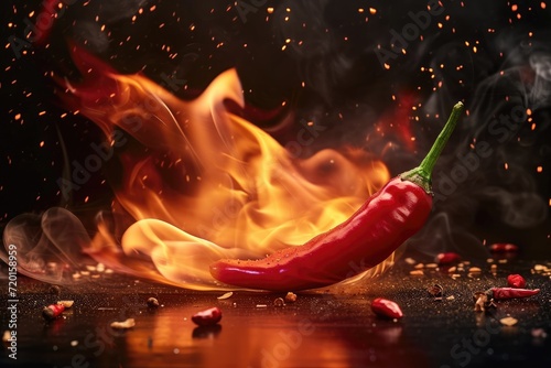 burning red hot chilli pepper in fire on dark black background