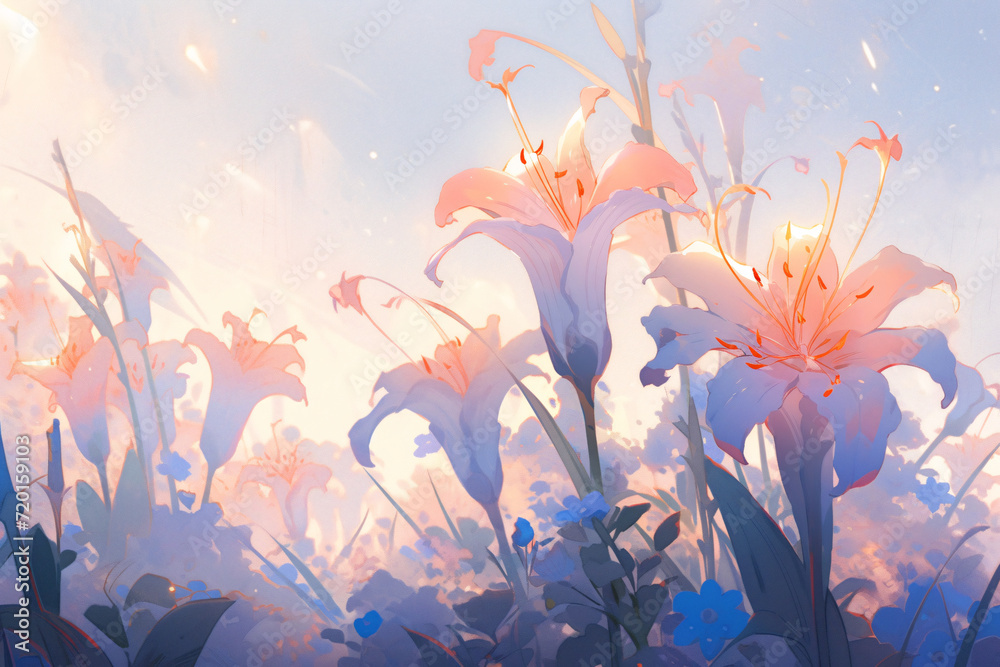 Beautiful romantic fresh flower illustrations, spring fantasy flower wallpaper concept illustrations