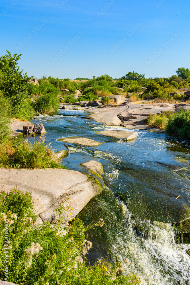View on Tokovsky waterfalls and rapids on the Kamianka river. Dnipropetrovsk region, Ukraine