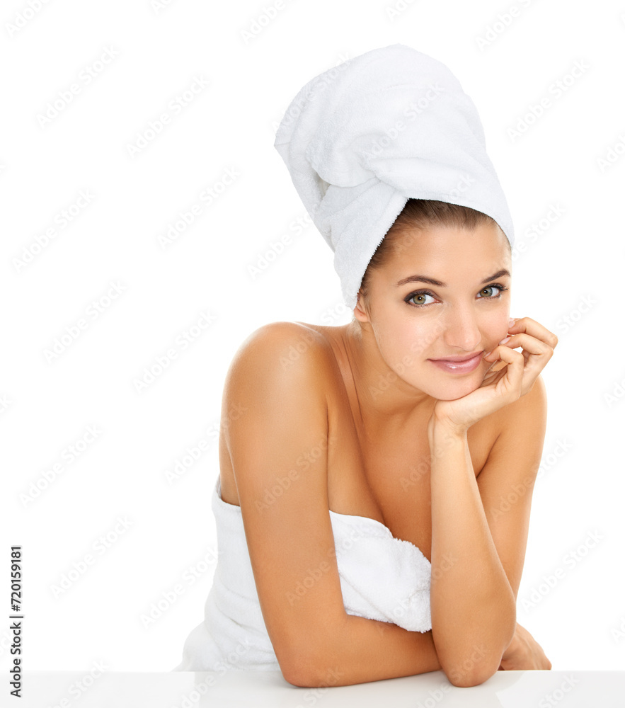 Towel, cosmetics studio and portrait of happy woman for morning routine, self care treatment or grooming. Washing, table and person smile for skincare, hygiene bath or wellness on white background