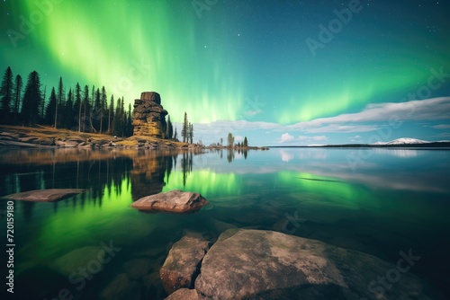 green northern lights above a clear summer lake