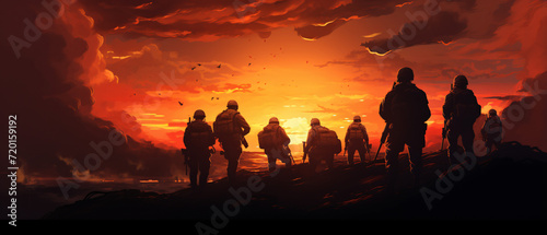  Silhouetted soldiers at sunset, standing in solemn unity, embodying the strength and resilience that endures even in the fading light.