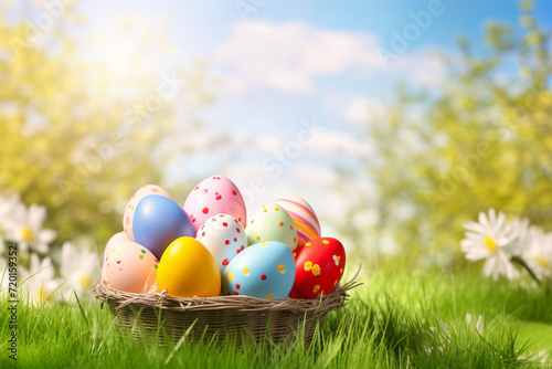 Colorful Easter eggs in basket on the green meadow. Generative AI