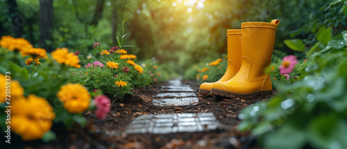 Gardening background with flowerpots, yellow boots in sunny spring or summer garden --ar 21:9 --stylize 750 --v 6 Job ID: b99f2162-54f6-4428-8f94-a92c7d5b4034 photo
