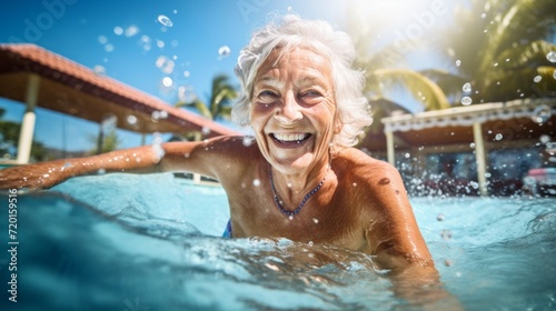 A happy elderly retired woman is enjoying life in the pool of the aquapark. Travel, Vacations, Lifestyle concepts.