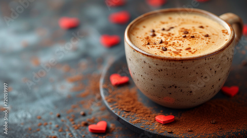 Cinnamon cappuccino cup  little red hearts scattered around  sprinkled with grated chocolate on a dark background.