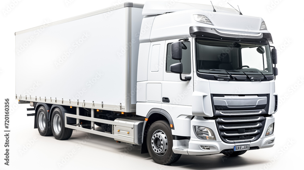 Commercial vehicle truck. A white lorry cargo truck with a white blank empty trailer isolated. Cargo truck advertising, mockups on white background.