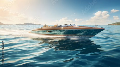 Luxury speedboat cruising on serene ocean waters. photo