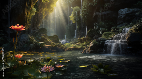 beautiful waterfall in the jungle with the sun shining and some lotus flowers #720160593