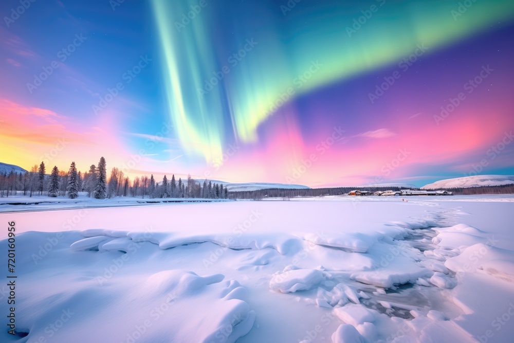 spectacular multicolored aurora display across a snowy landscape