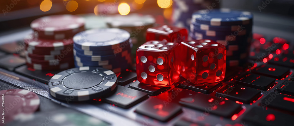 Online gambling, casino chips, cards and dice laying on laptop keyboard, internet betting gaming addiction, generative ai. Online gambling, casino chips, cards and dice laying on laptop keyboard, internet betting gaming addiction, generative ai.