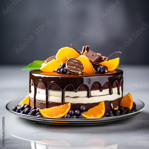 Chocolate cake with with orange fruits, mirror glass cake with chocolate garnish, happy birthday cake. cake on a light grey background. Happy birthday cake tasty and eye catching design. orange cake photo