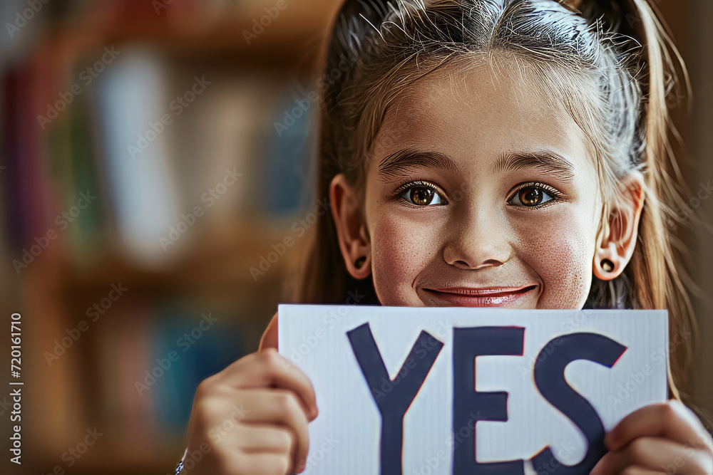 Yes concept image with a happy smiling young kid girl holding a sign with written word yes for agreement or agree answer Yes concept image with a happy smiling young kid girl holding a sign with written word yes for agreement or agree answer