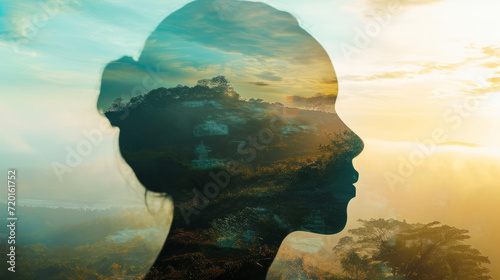 Outline of a human head containing a serene landscape background, symbolizing the concept of inner peace and mental tranquility with copy space