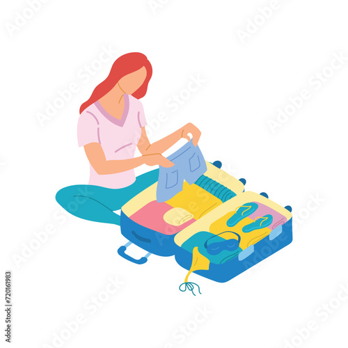 Cartoon Color Character Woman and Packing Suitcase or Luggage Isolated on a White Background Concept Flat Design Style. Vector illustration of Girl and Clothes for Journey