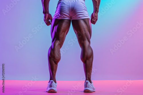 Back view of muscular fitness male model legs wearing underwear on colored background