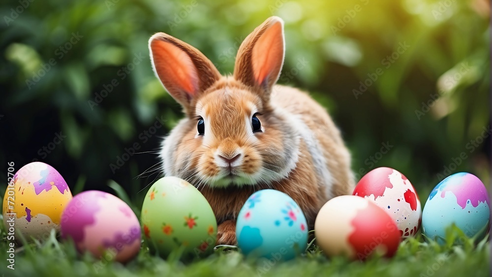 Easter bunny with colorful easter eggs on grass, Concept of happy easter day., generative ai