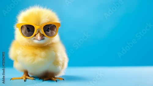 Cute chick baby wearing sunglasses on a solid color background. Generative AI. © Sugarpalm