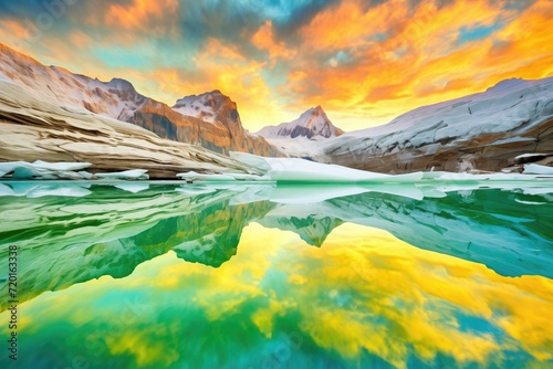 colorful aurora reflected on an icy glacier surface