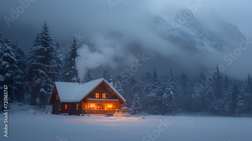 A cozy log cabin, with smoke rising from the chimney as the background, during a snowy winter evening © CanvasPixelDreams