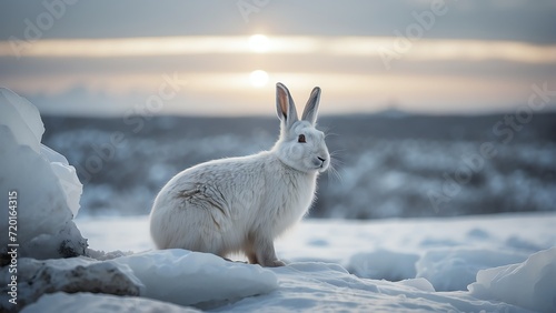 White arctic hare rabbit on cold ice winter landscape background from Generative AI