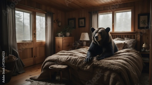 A black bear in the bed room of a cozy home from Generative AI