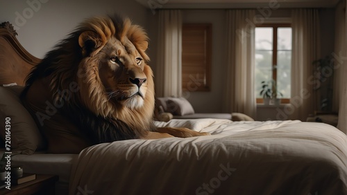 A lion in the bed room of a cozy home from Generative AI