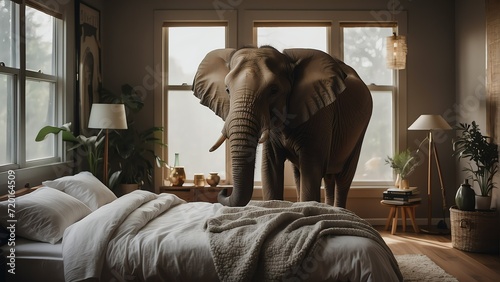 An elephant in the bed room of a cozy home from Generative AI