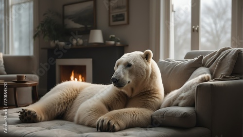 A white polar bear in the living room of a cozy home from Generative AI