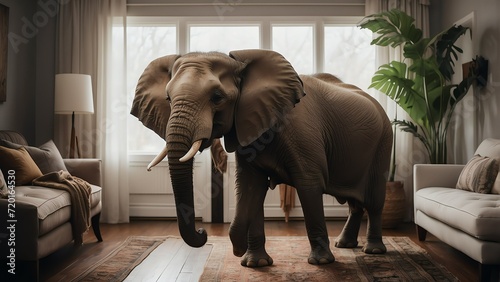 An elephant in the living room of a cozy home from Generative AI