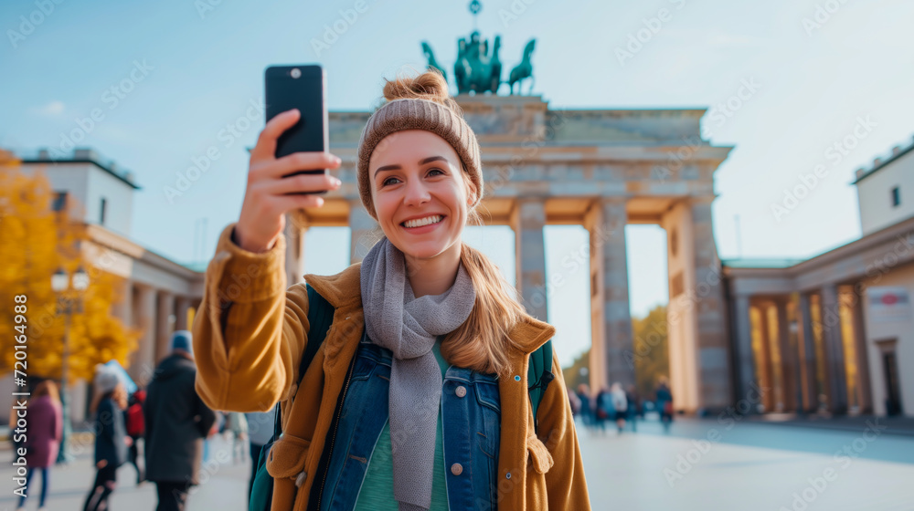 Young female tourist taking a selfie with her phone at the Brandenburger Gate in Berlin. Concept of solo travel, exploring the world and weekend get aways. Shallow filed of view.