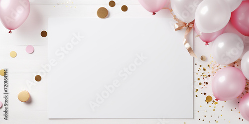 flat lay birthday card mockup. white sheet on a pink background, with gold sparkles and balloons. space for text