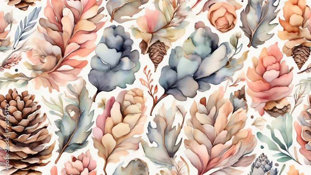 Seamless pattern of watercolor abstract of pine cones in pastel colors from Generative AI