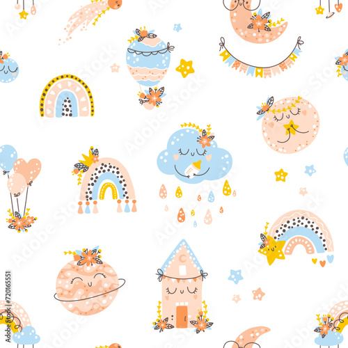 Nursery seamless pattern with rainbows, planets, clouds. Vector background with cute baby shower elements in simple hand-drawn Scandinavian cartoon doodle style. Limited pastel palette for printing