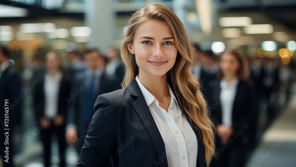 Young businesswoman, executive portrait, standing in front of her team of work colleagues