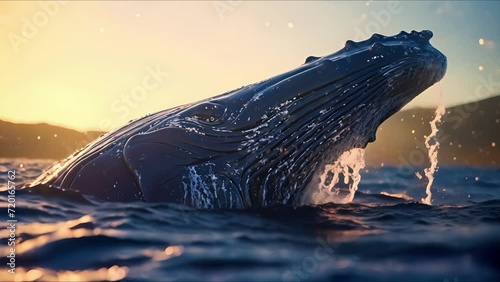 Closeup of a majestic humpback whale, its barnacled skin glistening in the sun. photo