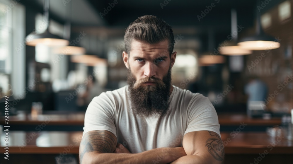 Frustrated Landlord Confronts Angry Bearded Man in Cafe Frustrated Landlord Confronts Angry Bearded Man in Cafe